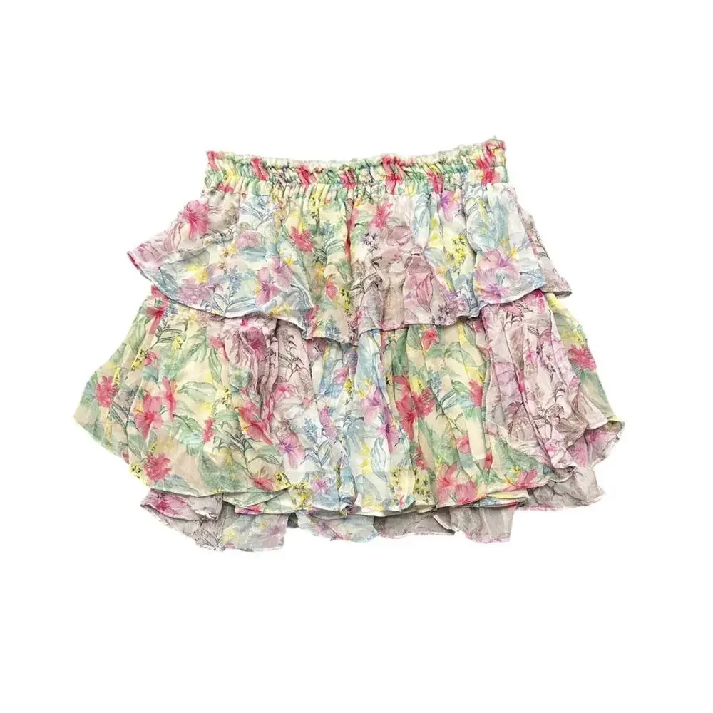 LoveShackFancy Hawaiian Hibiscus Floral Ruffle Tiered Mini Skirt Size XS